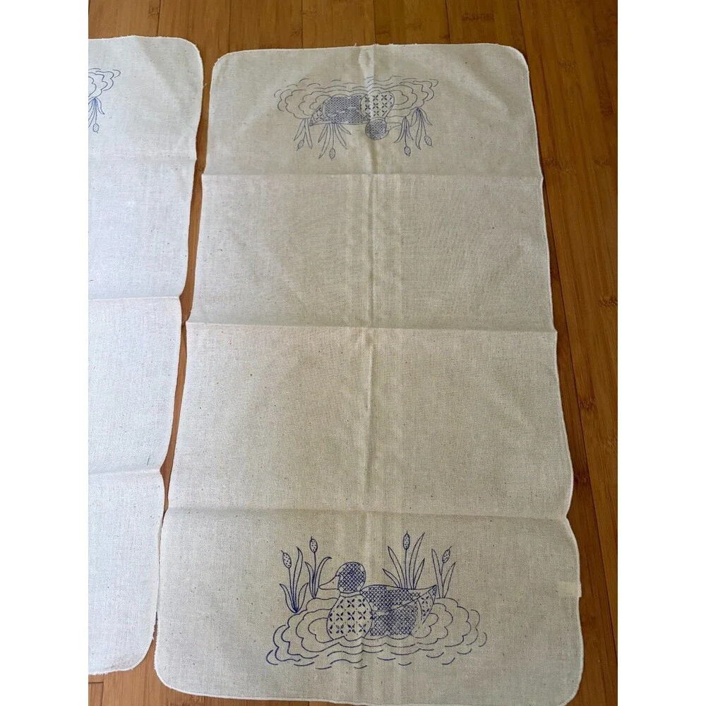Vintage Cotton Embroidered Mallard Duck Cattails Linen Set of 2 30.5x17